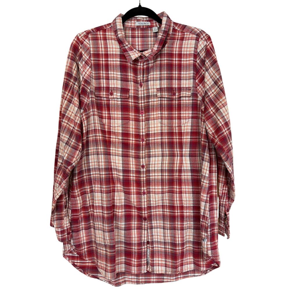 Toad & Co Multicolored Plaid High Low Shacket Flannel Button Up Shirt XL